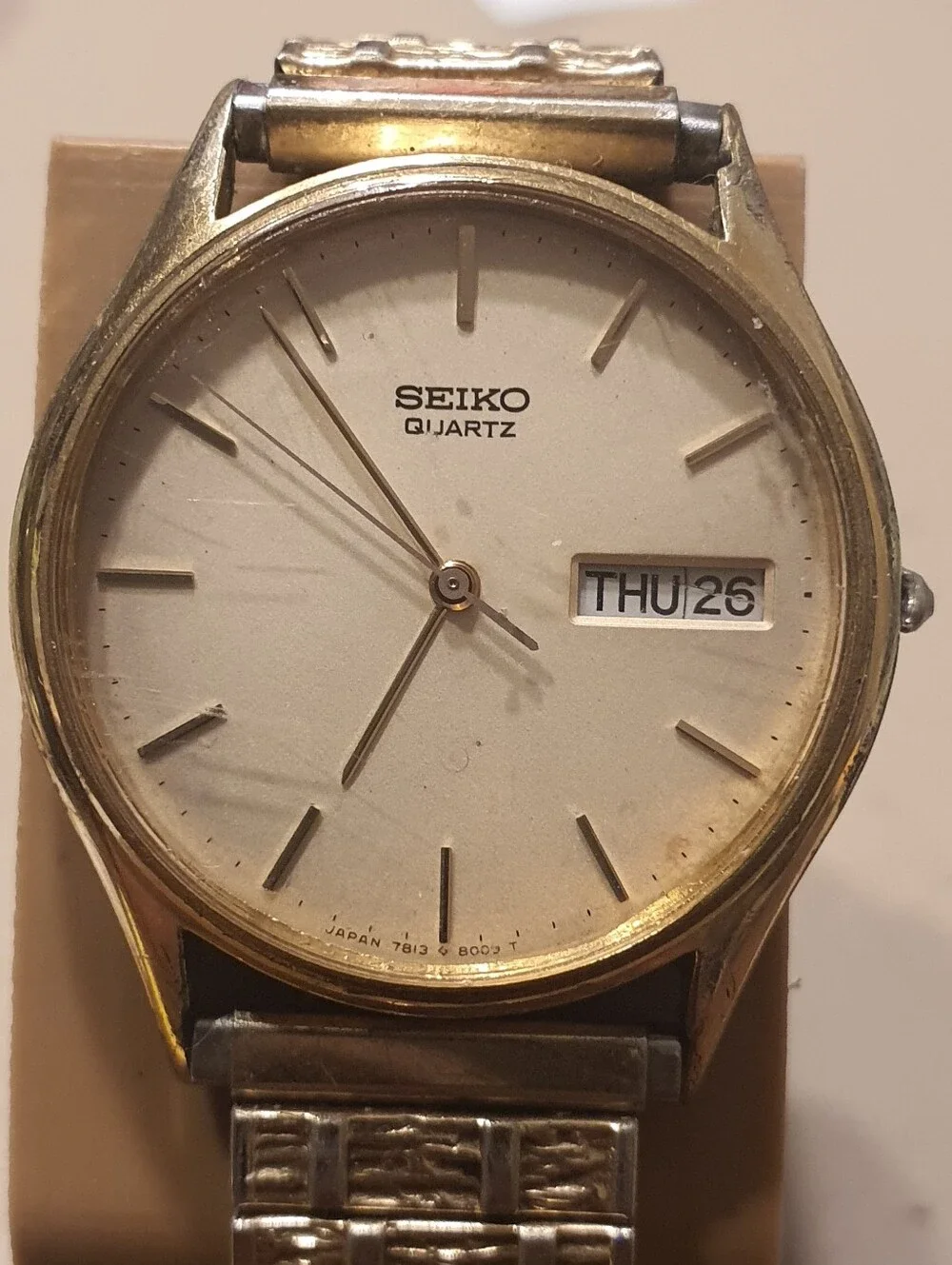 Vtg Seiko Quartz 7N43-8A89 Goldtone Stainless Steel Men's Watch w/Day-Date